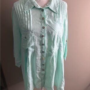 Click by color me cotton linen Mint Green Button-Up Women's Top large